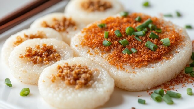 Serunding spicy meat floss served with glutinous rice cakes, festive snack, white background