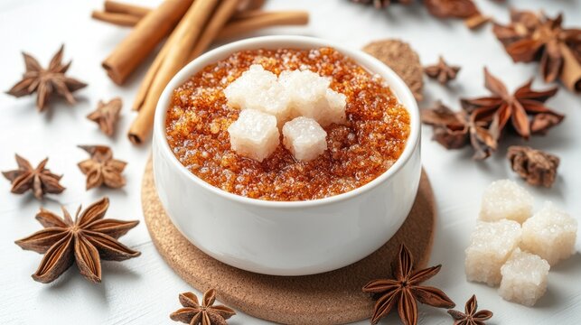 Serunding spicy meat floss served with glutinous rice cakes, festive snack, white background