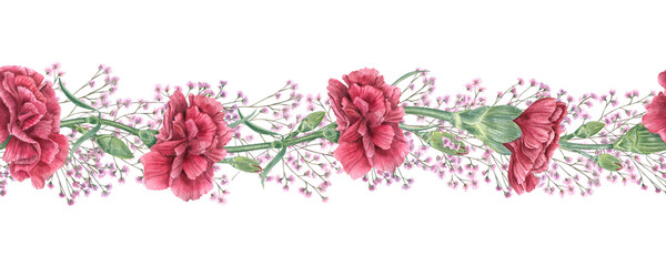 Red carnations and delicate pink gypsophila horizontal watercolor seamless banner isolated background. Hand painted flowers for wedding invitations, floral branding, love themed packaging