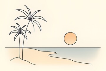 Minimalist beach scene with palm trees, sand, and a setting sun in a simple line drawing style