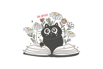 Sad Black Cat with Flowers – Sad artist cat with flowers Funny Cat Sublimation Design © Lemon