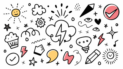 Line marker hand drawn brush arrow element set. Sketch pencil stroke vector graphic pen underline scribble icon. Hand drawn line heart, crown, star symbol highlight marker shape. Vector illustration