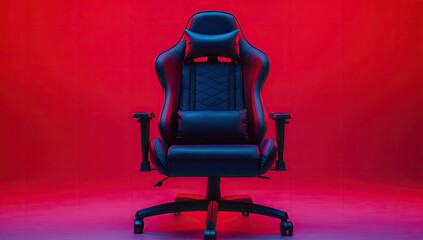 Dark blue gaming chair, vibrant red-pink studio light