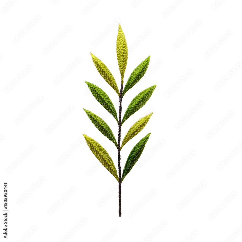 Poster single green leaf branch with multiple leaves arranged symmetrically on transparency background, sho