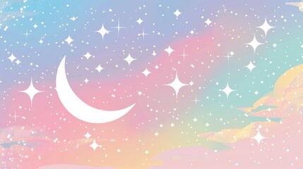 Fototapeta premium Illustration in anime style of dreamy purple twilight sky with crescent moon, stars. Fantasy landscape