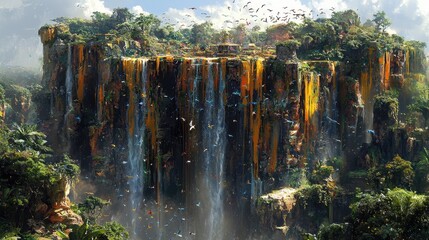 Majestic Waterfall Surrounded by Lush Green Jungle and Colorful Birds