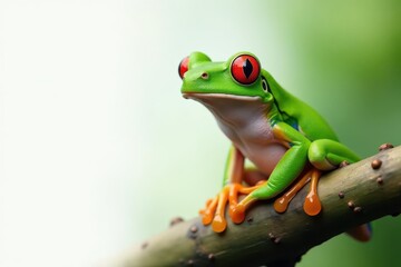 Green tree frog perched on white, vibrant colors , studio shot, eyes, nature photography