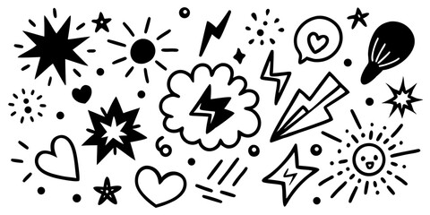 Line marker hand drawn brush arrow element set. Sketch pencil stroke vector graphic pen underline scribble icon. Hand drawn line heart, crown, star symbol highlight marker shape. Vector illustration