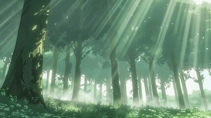 Obraz premium Illustration of mystical forest clearing with sunbeams filtering through trees, green tranquil landscape