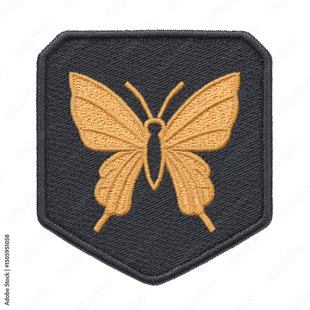 Poster golden butterfly embroidered patch on dark fabric background, showcasing intricate stitching and sym