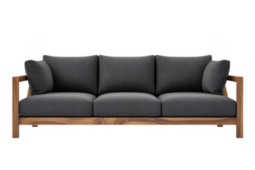 Gray sofa with wooden frame isolated on transparent background