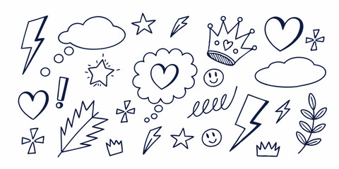 Line marker hand drawn brush arrow element set. Sketch pencil stroke vector graphic pen underline scribble icon. Hand drawn line heart, crown, star symbol highlight marker shape. Vector illustration