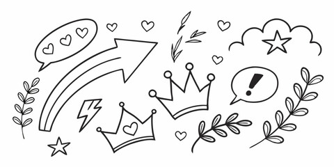 Line marker hand drawn brush arrow element set. Sketch pencil stroke vector graphic pen underline scribble icon. Hand drawn line heart, crown, star symbol highlight marker shape. Vector illustration