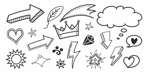 Obraz premium Line marker hand drawn brush arrow element set. Sketch pencil stroke vector graphic pen underline scribble icon. Hand drawn line heart, crown, star symbol highlight marker shape. Vector illustration