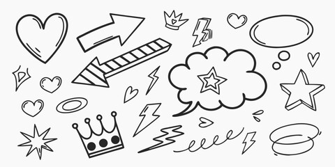 Line marker hand drawn brush arrow element set. Sketch pencil stroke vector graphic pen underline scribble icon. Hand drawn line heart, crown, star symbol highlight marker shape. Vector illustration