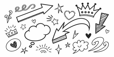 Line marker hand drawn brush arrow element set. Sketch pencil stroke vector graphic pen underline scribble icon. Hand drawn line heart, crown, star symbol highlight marker shape. Vector illustration