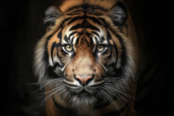 Fototapeta premium The Majestic Tiger In The Dark Confronting The Camera