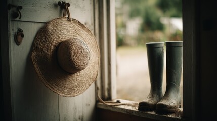 A straw hat and muddy boots rest by an open window, inviting thoughts of rural charm and simplicity.