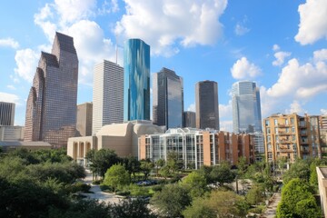 Obraz premium The City Landscape With Tall Buildings And Lush Greenery