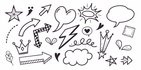 Line marker hand drawn brush arrow element set. Sketch pencil stroke vector graphic pen underline scribble icon. Hand drawn line heart, crown, star symbol highlight marker shape. Vector illustration