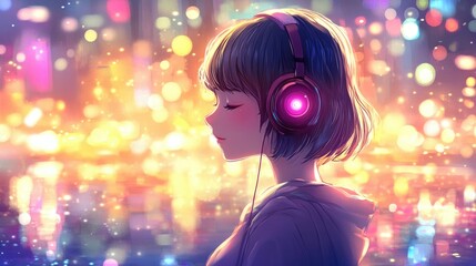 Young woman wearing headphones in anime style lost in music against blurred city night lights background