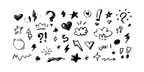 Line marker hand drawn brush arrow element set. Sketch pencil stroke vector graphic pen underline scribble icon. Hand drawn line heart, crown, star symbol highlight marker shape. Vector illustration
