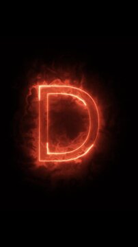 letter D with buring red neon art and firely explosion vertical motion loop