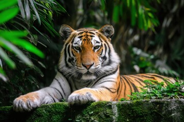 Obraz premium Magnificent Tiger Resting in Lush Green Jungle Habitat