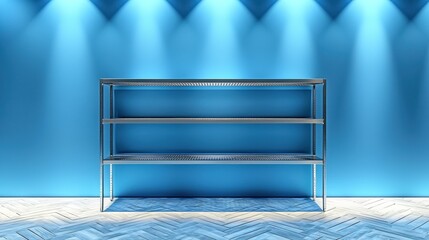 Modern Metal Shelving Unit Against Blue Background with Lighting