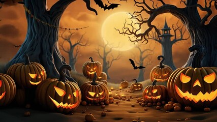 Illustration of Halloween holiday. Orange pumpkins, different scary decorations