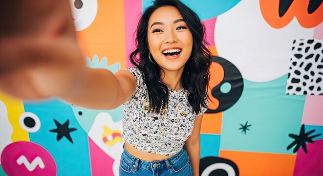 Young woman with dark hair takes selfie with a vibrant background. She wears a patterned top and jeans smiling. The background features abstract shapes and colors.