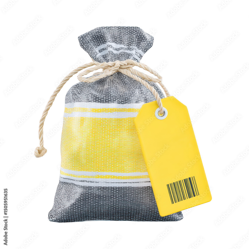 Poster small burlap sack with yellow label attached by string, featuring barcode. sack is tied with rope, g