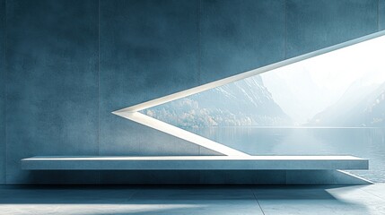 Modern Minimalist Architecture with Scenic View of Water and Mountains