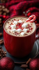 Festive Hot Chocolate with Marshmallows Candy Cane and Red Sprinkles in Red Mug