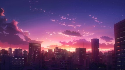 Obraz premium Urban skyline bathed in dreamy lavender and pink sunset with distant skyscrapers silhouette background in anime style