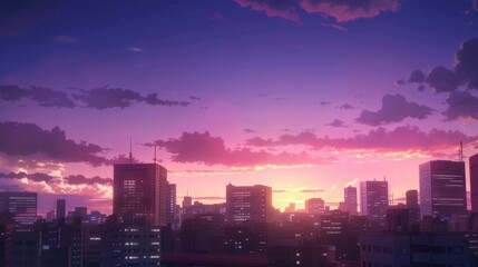 Fototapeta premium Urban skyline bathed in dreamy lavender and pink sunset with distant skyscrapers silhouette background in anime style