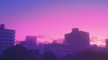 Fototapeta premium Urban skyline bathed in dreamy lavender and pink sunset with distant skyscrapers silhouette background in anime style