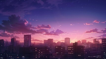 Fototapeta premium Urban skyline bathed in dreamy lavender and pink sunset with distant skyscrapers silhouette background in anime style