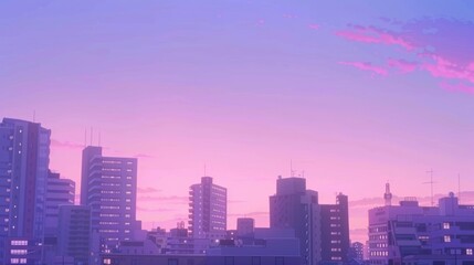 Obraz premium Urban skyline bathed in dreamy lavender and pink sunset with distant skyscrapers silhouette background in anime style