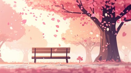Wooden bench under blooming cherry tree with pink petals falling in spring park background in anime style