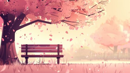 Wooden bench under blooming cherry tree with pink petals falling in spring park background in anime style