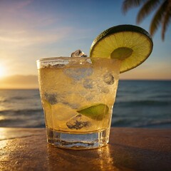 Close-up of a refreshing margarita cocktail catching golden sunset light.
