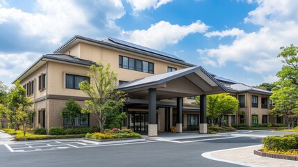 Exterior of a modern building with landscaping.