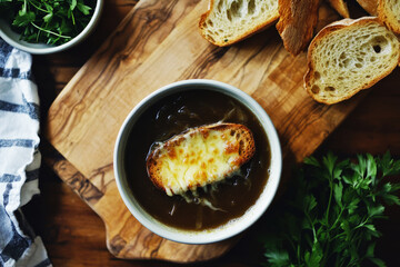 A bowl of rich and hearty soupe a loignon sits on a wooden cutting board beside crispy toasted bread. Fresh herbs add vibrant color in a cozy kitchen atmosphere