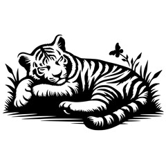 Silhouette of a sleeping tiger cub