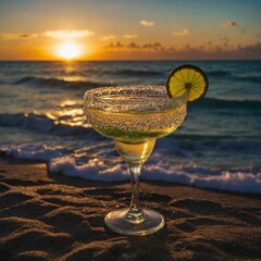 Margarita glass sparkling in the last rays of a tropical sunset.