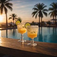 Margarita cocktail on a poolside table with palm trees and a glowing sunset in the background.