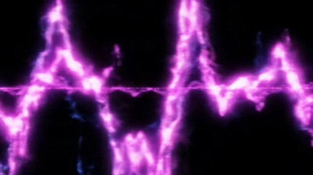 Abstract digital energetic audio waveform, sound frequency or electric current motion visual, glowing purple and blue particles on black background, animation footage.