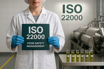 ISO 22000 certified food safety management in olive oil production facility with inspector holding compliance sign and quality samples in laboratory environment