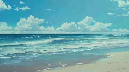 Fototapeta premium Serene coastal landscape with sandy beach, turquoise ocean waves and cliff under clear blue sky background in anime style